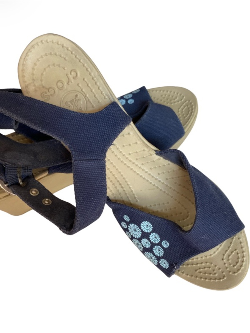 CROCS Navy and Tan Wedge Sandals Distressing Canvas Straps Size 9W - Picture 5 of 8